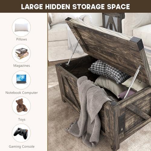 jimeimen Farmhouse Lift Top Coffee Table with Storage, Wood Square Center Table with Charging Station&USB Port, Living Room Table w/Large Hidden Space, for Living Room, Bedroom, Home Office, Dark Grey - Image 3