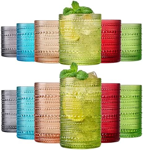 Khen Hobnail Beaded Highball Drinking Tumbler Glasses | Set of 12 | Autumn Colors Vintage Bubble Design Whiskey Glassware, Old-Fashioned, Embossed Design Water, Wine, Cocktail Rocks Glasses by Khen