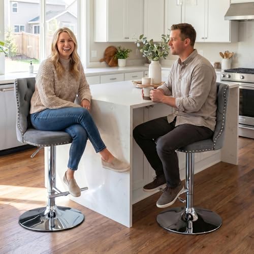 SoarFlash Velvet Bar Stool Set of 2, Adjustable Swivel Bar Stools with Silver Plated Metal Leg, Button Tufted, Footrest, Chrome Nailhead, Counter Height Chair for Kitchen, Bar, Dining Room (Grey) - Image 4