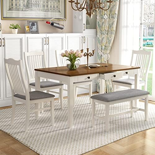 Compact 6-Piece Dining Table Set, Solid Wood Kitchen Dining Room Table Set with 4 Padded Ergonomic Chairs & Bench, 60'' Rectangular Table with Storage Drawer, Space-Saving Design (Grey-P) by Unknown