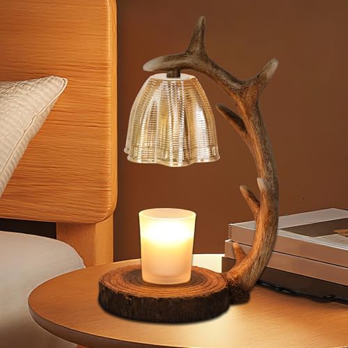 Candle Warmer Lamp | Rustic Candle Warmer Lamp with Timer and Dimming Function | Suitable for Retro Decoration and Creative Gifts Features A Resin Reindeer Antler Design and Comes with 2 Light Bulbs by Lanmun