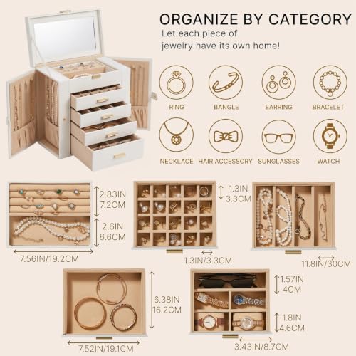 Large Leather Jewelry Box for Women, Mirror, 5 Layer, White - Image 3