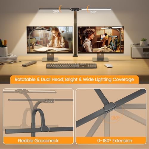 SIBRILLE Upgraded Desk Lamp for Home Office - Dimmable Computer Desk Light with Remote, Modern Architect Task Lamp with Color Changing, Flexible Desktop Lamp with Gooseneck for Monitor, Double Head - Image 2