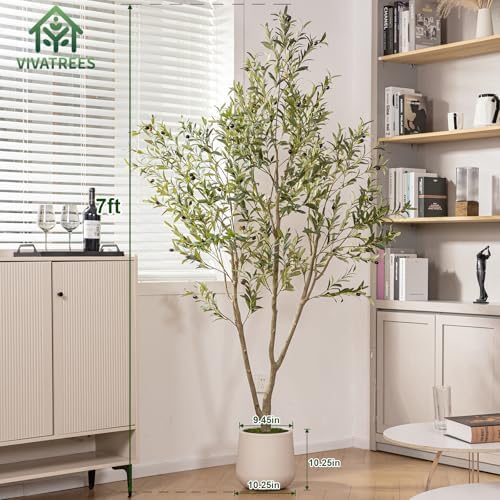 VIVATREES Olive Trees Artificial Indoor, 7FT Tall Faux Olive Tree with White Tall Planter, Artificial Plants with Natural Wood Trunk and Lifelike Fruits for Home Office Decor - Image 2