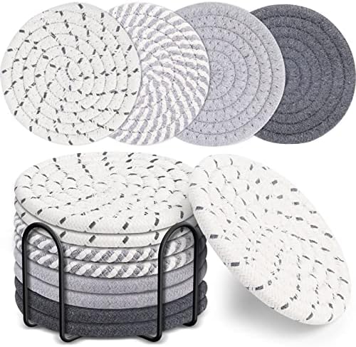 Mckanti 8 Pcs Drink Coasters with Holder, 4 Colors Absorbent Coasters, Minimalist Cotton Woven Coaster Set for Living Room Decor, Tabletop Protection Suitable for Kinds of Cups, 4.3 Inches by Mckanti