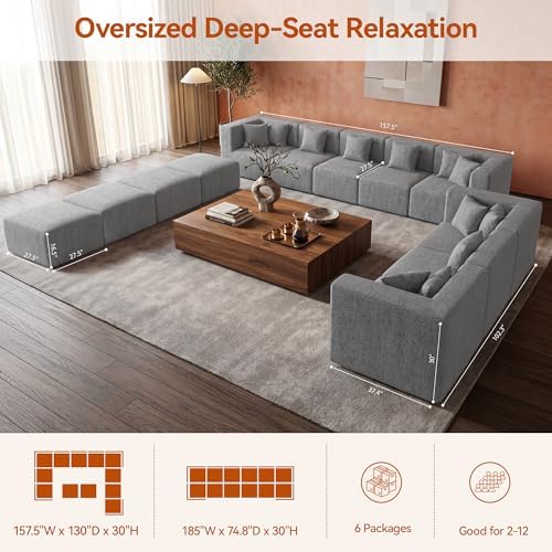 MONVANE Modular Sectional Sofa, Oversized 12 Seat Convertible U Shaped Couch with Ottoman, Comfy Chenille Cloud Couch with Pillow, Sectional Couches for Living Room, No Assembly Required, Light Grey - Image 3