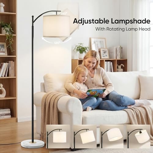 Floor Lamp for Living Room with Marble Base, Modern Standing Lamp with 3 Color Temperatures Bulb & Adjustable Linen Shade, Tall Lamp for Bedroom Office Reading Nursery - Image 4