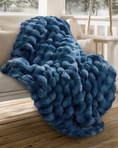 Ultra Soft Cozy Faux Fur Throw Blanket, Fuzzy Plush Thick Bubble Blanket, Oversize Luxury Fluffy Blanket for Couch, Sofa, Bedroom, and Living Room,50x60 Inches,Blue by blunique