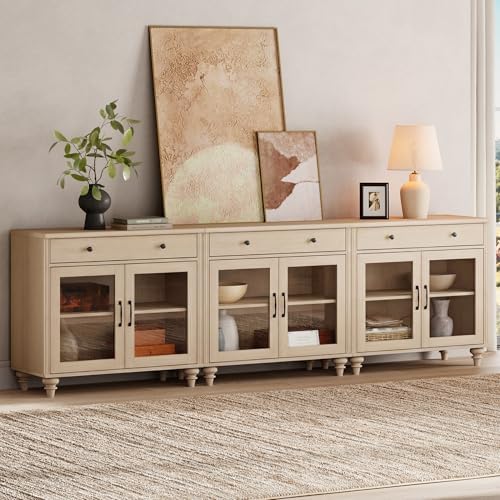 WAMPAT Sideboard Buffet Cabinets with 6 Glass Doors, Large Kitchen Storage Cabinets, Wooden Coffee Bar Tables with Vintage Gourd Leg, Sideboard Credenza Table for Dining Room, Living Room, Beige, 102" - Image 5