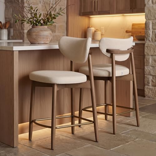 VASAGLE Wooden Bar Stools Set of 2, Linen-Look Fabric, Cappuccino Beige by VASAGLEbySONGMICSHOME