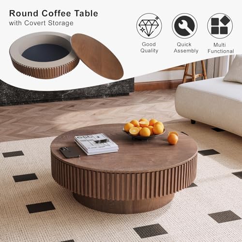 39'' Round Coffee Table with Storage, Modern Wooden Coffee Table - Image 6