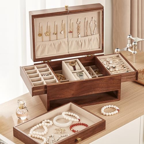 Walnut Wooden Jewelry Box for Women, with Mirror, 3 Layer - Image 6