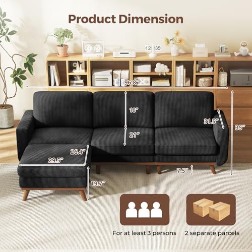 Vesgantti 97" Modular Sectional Sofa Black, L-Shaped Couch with Movable Ottoman, Comfy Corduroy Couch with Spring Cushion, Modular Sofa with Deep Seat for Living Room, Bedroom and Apartment - Image 2