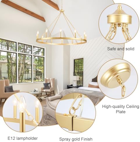 Gold Wagon Wheel Chandelier for Dining Room Light Fixture 12Light Gold Chandelier for Foyer 38inch 27-86" Height Adjustable Pendant Light for Flat Sloped Ceilings Dining Room Kitchen Island Entryway - Image 2