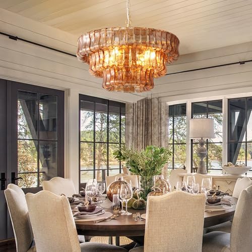 YIOSI Modern Amber Glass Chandelier，23" Gold Round Chandelier for Dining Room, 4-Light Round Drum Kitchen Island Hanging Light Fixture Perfect for Living Room, Bedroom,Kitchen, Foyer - Image 4