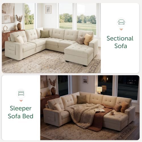 HONBAY Modular Sectional Sleeper Sofa with Pull Out Bed, U Shaped Sleeper Couches with Storage Chaise, 114'' Sleeper Sectional Sofas for Living Room, Apartment (Beige) - Image 5