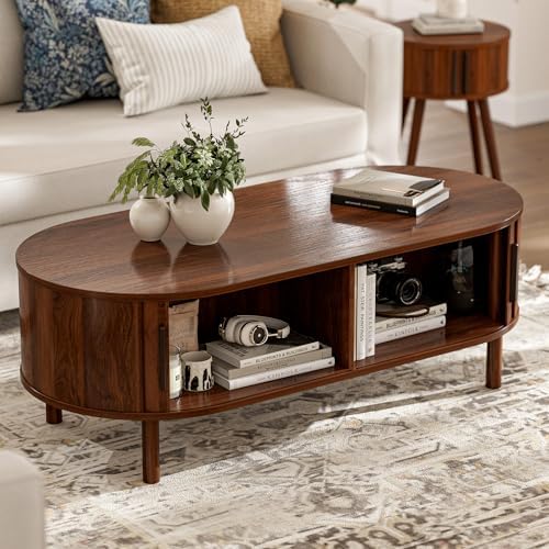 ZttRiee Oval Coffee Table with Sliding Doors, Mid-Century, Walnut - Image 3