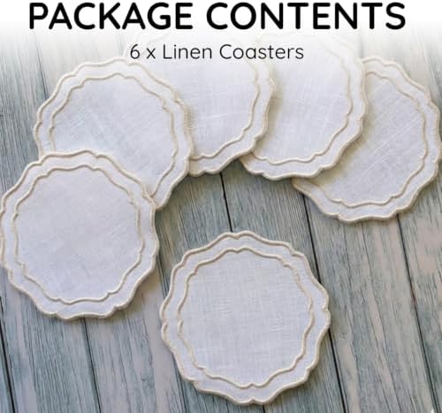 Linen Drink Coasters, Set of 6, 4.5 inch, White-Taupe - Image 2