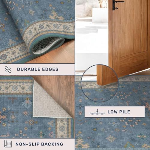 Light Blue 2x7 Washable Kitchen Runner - Boho Non Slip Runner Rug for Hallway, Bedroom Beside Bed,Entryway, Low Pile Floral Eclectic Unique Runner Décor - Image 5