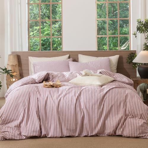 MooMee Striped Duvet Cover Set 100% Washed Cotton Linen Like King by MOOMEE