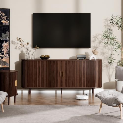 71" Sideboard Buffet Cabinet with Storage,Large Credenza with Sliding Doors and 1 Drawer,Mid Century Modern Coffee Bar Cabinet with Adjustable Shelves for Dining Room, Kitchen, Living Room (Walnut) - Image 6