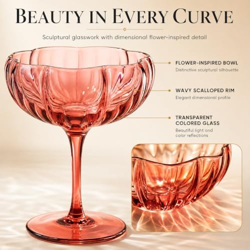 Khen Flower Modern Wavy Glass Coupes Martini, Champagne & Cocktail Coupes - Set of 4-7.7 oz Colorful Cocktail Glasses for Champagne, Prosecco, Mimosa - Copyright Design - Muted Pastel Colors - Image 4