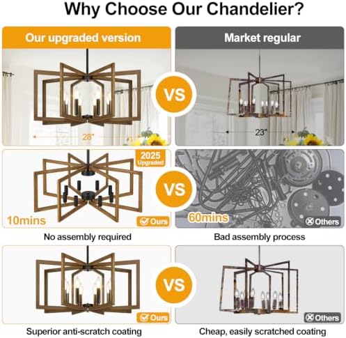 25"-61" Height Adjustable Retro Wood Texture Chandelier for Dining Room, No Assembly Required Dining Room Light Fixture Over Table, Industrial Metal Pendant Lights Fixture for Kitchen Island - Image 2