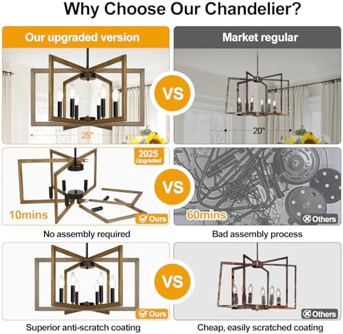 25"-61" Height Adjustable Retro Wood Texture Chandelier for Dining Room, No Assembly Required Dining Room Light Fixture Over Table, Industrial Metal Pendant Lights Fixture for Kitchen Island - Image 2