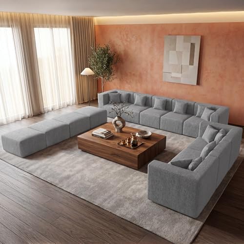 MONVANE Modular Sectional Sofa, Oversized 12 Seat Convertible U Shaped Couch with Ottoman, Comfy Chenille Cloud Couch with Pillow, Sectional Couches for Living Room, No Assembly Required, Light Grey - Image 6