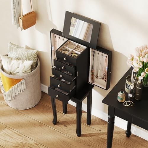Giantex Standing Jewelry Armoire Cabinet with 4 Drawers, Flip Top Mirror, Top Storage Compartments, 2 Side Doors with 8 Necklace Hooks, Freestanding Jewelry Organizer Box Chest (Black) - Image 3