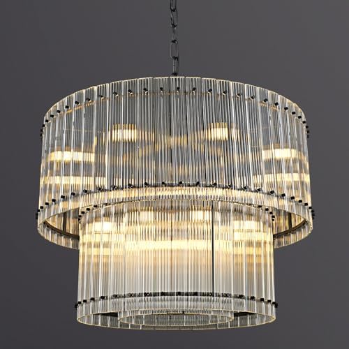 37" Modern Black Round Chandeliers, 3-Tier 16-Light Water Ripple Crystal Glass Chandelier, for Living Room, Foyer, High Ceiling Staircase, Dining Room, Luxury Adjustable Hanging Chandelier by Knurldon