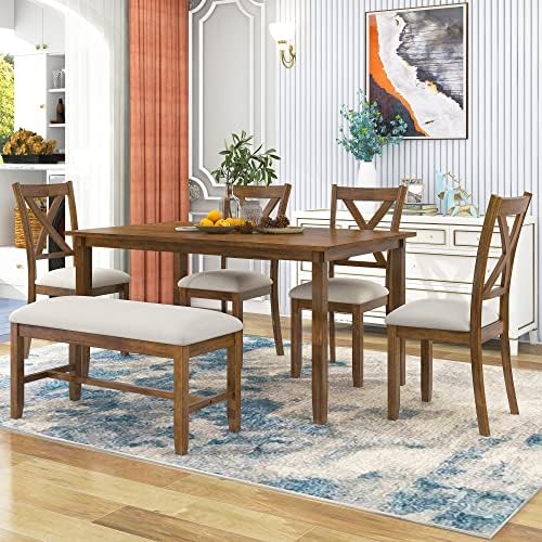 6-Piece Dining Room Table Set, Rustic Farmhouse Wood Dining Table Set with Rectangular Table 4 Upholstered Padded Chairs and 1 Padded Bench, Dining Set for Family of 4-6 People - Image 3