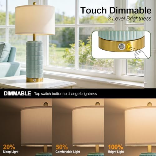 PoKat 25'' Bedside Table Lamps Set of 2 for Living Room, 3-Way Dimmable Touch Lamps for Bedroom, Modern Lamps for Nightstand with USB Ports, Coastal Blue Lamp for Office Sideboard (Bulbs Included) - Image 2