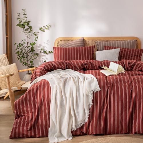 BESTOUCH Striped Cotton Duvet Cover Set Linen Feel Oversized Full by BESTOUCH