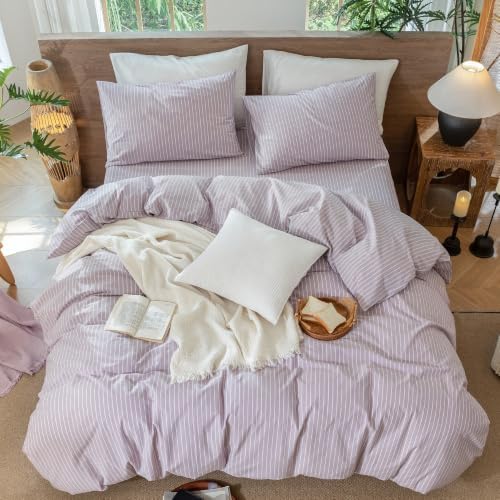 MooMee Striped Duvet Cover Set 100% Washed Cotton Linen Like King - Image 4