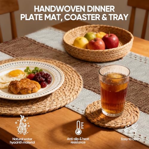 32 Pcs Boho Placemats Table Setting Set (6 Sets),Hand-Woven Natural Water Hyacinth Mats,Cloth Napkins,Napkin Rings,Linen Runner,Storage Basket&Coasters,Boho Kitchen Decor Dining Table Decor - Image 5