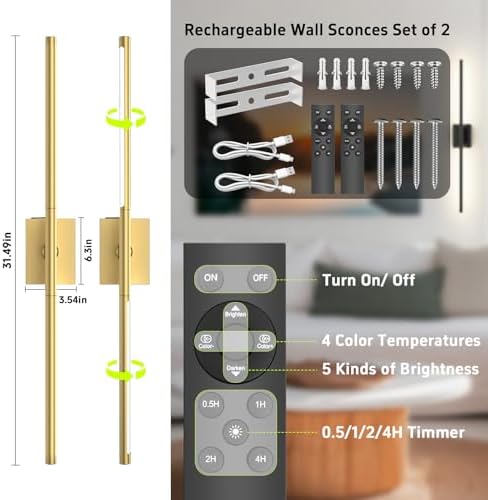 iThird Battery Operated Wall Sconces Set of 2, 10000mAh, Gold - Image 2