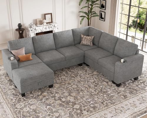 Belffin Chenille Modular Sectional Sofa Convertible L Shaped Corner Couches for Living Room with Storage Armrest with Cup Holder Light Grey Couch by Belffin