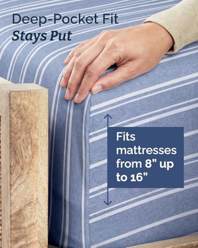 Twin Size 3 Piece Sheet Set - Breathable & Cooling Sheets - Blue Stripes - Image 4