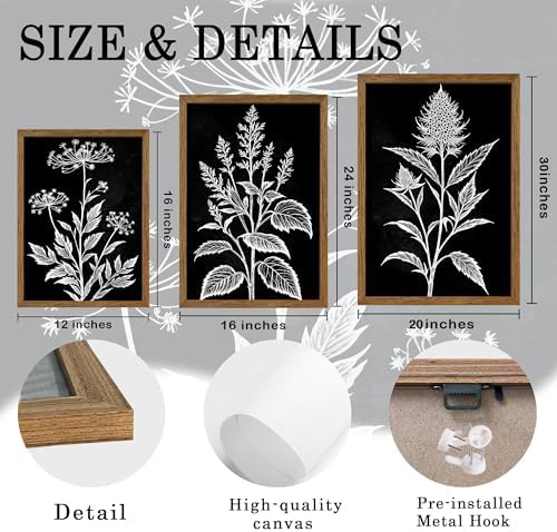 AVECCO 3 Pieces Black White Botanical Wall Art Canvas Framed 12x16 Inch - Image 6