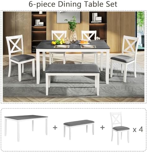 Harper & Bright Designs 6-Piece Wooden Dining Set for 6,Kitchen Furniture Set with Cross Back 4 Dining Chairs and Bench,White+Gray - Image 7