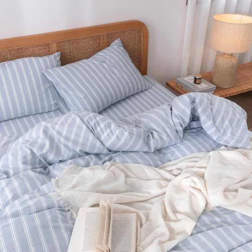 BESTOUCH Striped Cotton Duvet Cover Set Linen Feel California King - Image 2