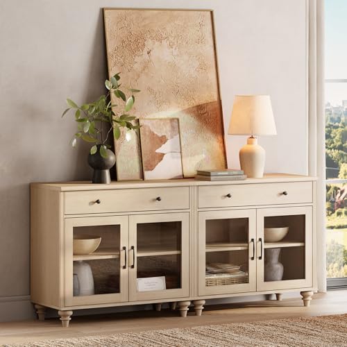 WAMPAT Sideboard Buffet Cabinets with 4 Glass Doors, Kitchen Storage Cabinets, Wooden Coffee Bar Tables with Vintage Gourd Leg, Accent Sideboard Credenza Table for Dining Room, Living Room, Beige, 68" - Image 5