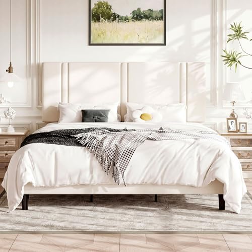 Allewie King Size Platform Bed Frame with Velvet Upholstered Headboard by Allewie