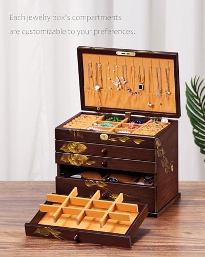 Painted Wooden Jewelry Box for Women, 6-Layer Vintage Organizer with Lock - Image 3