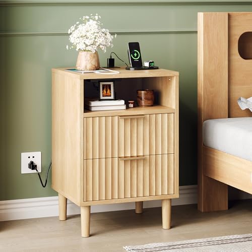 VINGLI Fluted Nightstands Set of 2 with Charging Station, Wood Nightstand 2 Drawer, Mid Century Modern Nightstands for Bedroom, Fluted Bed Side Table, Oak Night Stands Set 2 - Image 3