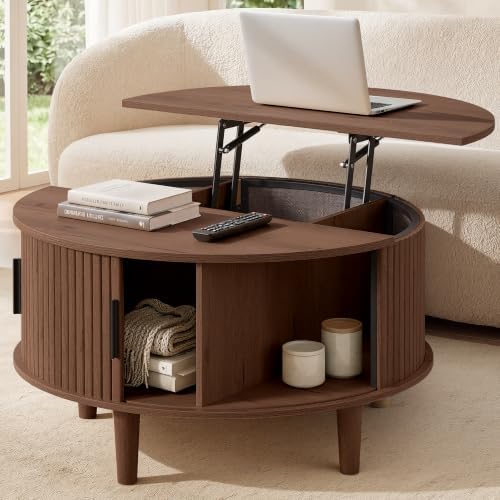 VASAGLE Round Coffee Table, Lift Top Coffee Table with Tambour Sliding Door by VASAGLEbySONGMICSHOME