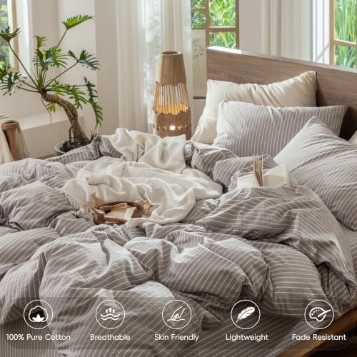 MooMee Striped Duvet Cover Set 100% Washed Cotton Linen Like King - Image 3