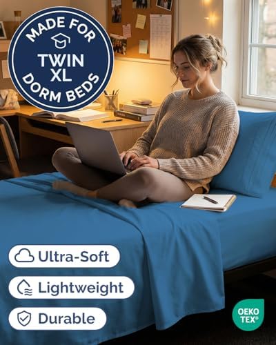 Twin XL 3 Piece Sheet Set - College Dorm Room Essentials - Denim Blue - Image 2