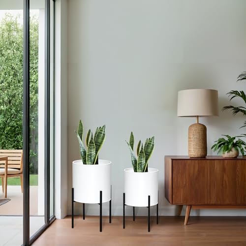 ARNIS Modern Plant Pots, Large Planters with Stand, Set of 2 Decorative Planters, Metal Pots with Drainage Holes for Living Room, Office, Garden or Balcony, 10.5 &12.25 Inch, White - Image 6